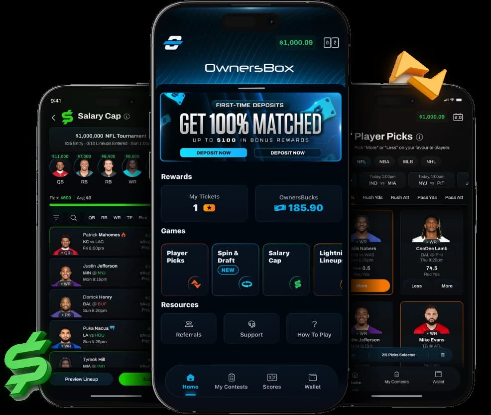 The redesigned OwnersBox mobile experience: the platform homepage flanked by two of its games